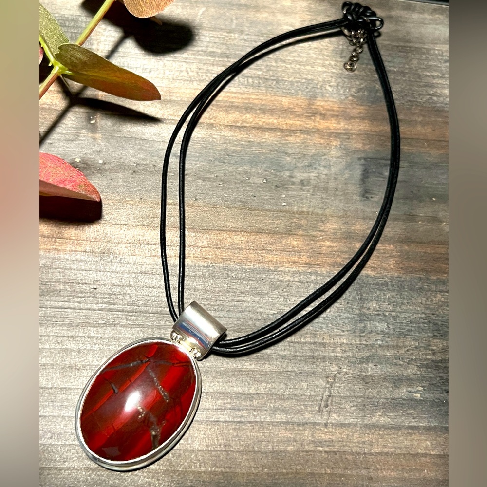 EXEX Large Oval Red Jasper Pendant on Leather Chord